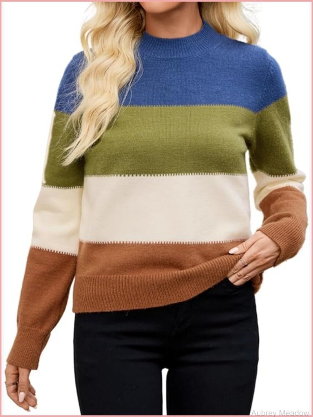 Striped Mock Neck Sweater, Color Block Long Sleeve Pullover